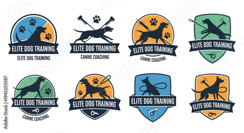 Elite Dog Training Logos Featuring Dog Silhouettes and Training Equipment.