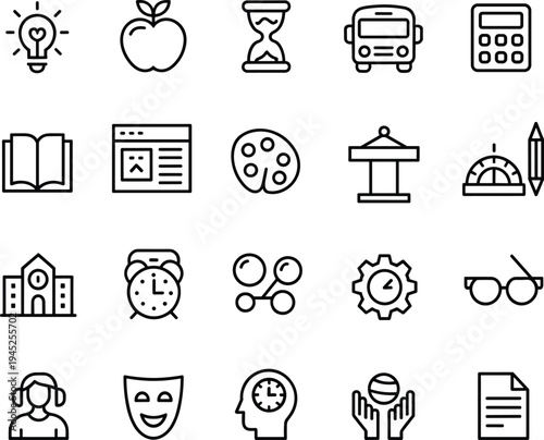 Education icon set, school and learning symbols, academic subject graphics, classroom tools, outline style, black vector, white background