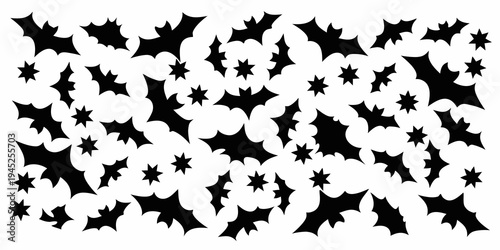 A scattering of black bats and stars against a white background