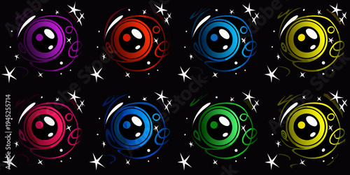 Colorful cartoon eyes with starbursts arranged in a grid pattern