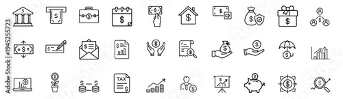 Income and money outline icon set featuring banking and financial investment for business profit and more vector illustration 