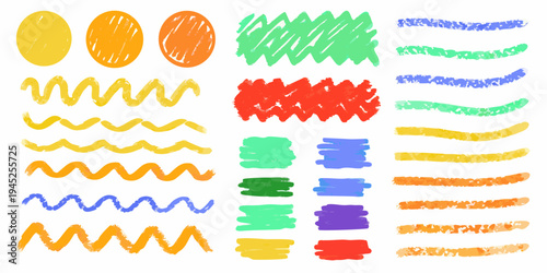 Colorful crayon scribbles and shapes arranged on a white background