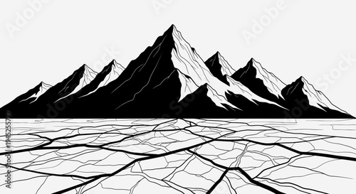 Cracked Ice Surface Reflecting Jagged Mountains in Black and White
