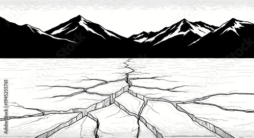Cracked Ice Surface Reflecting Snow-Capped Mountains in Black and White
