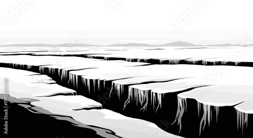 Cracked Ice Surface with Deep Crevasses and Distant Horizon