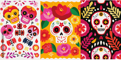 Colorful sugar skulls and floral patterns in a repeating triptych design