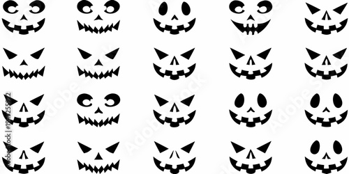 Assorted black silhouettes of carved jack o lantern faces on white