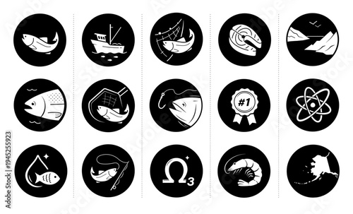 Salmon fish set icons. Perfect for food, pet food and products, omega 3 supplements. The outline icons are well scalable and editable. Contrasting elements are good for different backgrounds. EPS10.