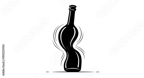 Distorted wine bottle silhouette, abstract shape, wavy lines, isolated on white background