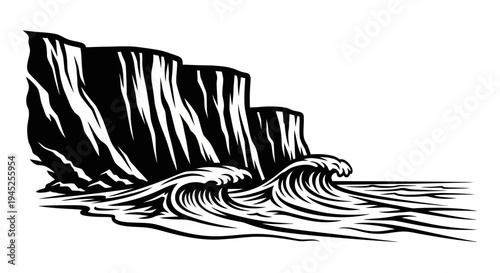 Dramatic Black and White Cliff Face with Crashing Waves