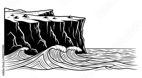 Dramatic black and white illustration of crashing waves against a rugged cliff face, coastal landscape.