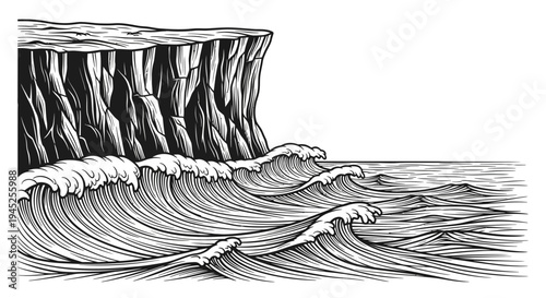 Dramatic Cliff Face and Crashing Ocean Waves in Black and White Woodcut Style