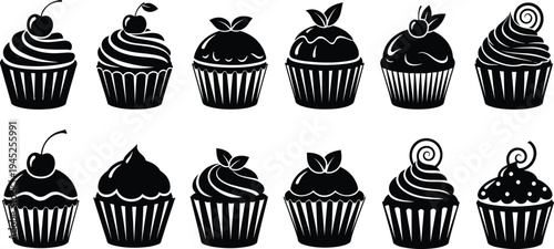 Cupcake silhouettes set featuring assorted dessert muffins with frosting and toppings in black and white style for bakery icons, sweet food graphics, and decorative design elements