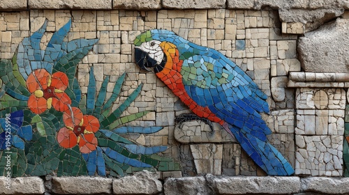 Colorful parrot mosaic artwork on a stone wall in a public area during daytime showcasing tropical design and vibrant colors