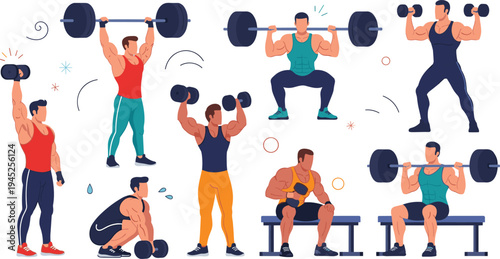 Bodybuilders and athletes performing weightlifting exercises with barbells and dumbbells for muscle building in flat vector illustration set