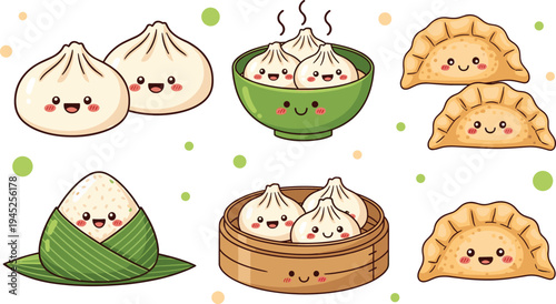 Cute Asian dumpling and dim sum characters collection with smiling faces, bowls and bamboo steamer, colorful flat vector illustration for food branding, kids menus, stickers