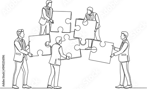 Continuous line art of businessmen assembling puzzle pieces, symbolizing teamwork and problem-solving.