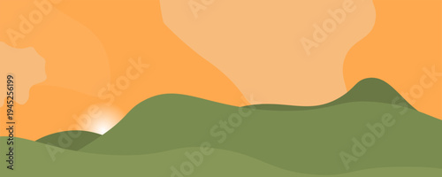 Sunset cartoon background with mountains and clouds. vector illustration