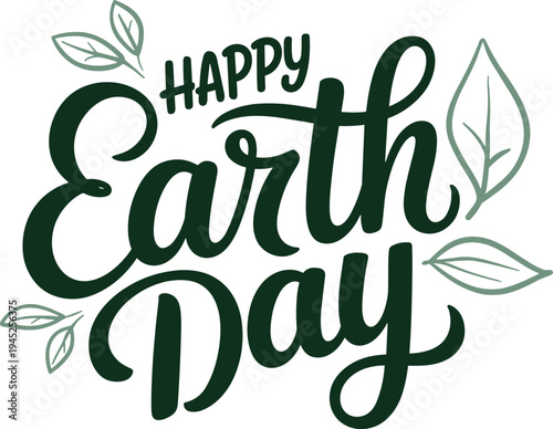 Green and light green handwritten happy earth day text with leaf accents