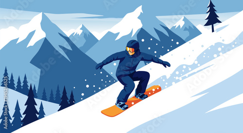 Snowboarding Adventure Vector Illustration of a Person Riding a Snowboard Down a Snowy Mountain Slope with Trees and Peaks
