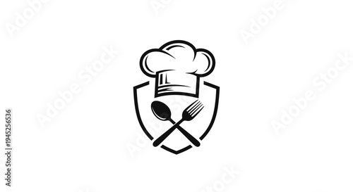 Chef Hat, Spoon and Fork Emblem Logo for Restaurant, Cafe, Culinary School, Food Business