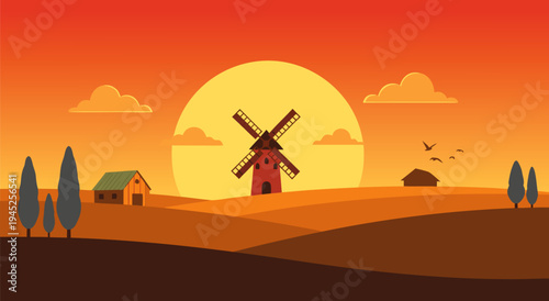 Beautiful Sunset Landscape Illustration with a Windmill and Houses - Vector Art