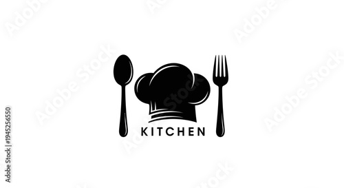Chef Hat, Spoon, Fork, and "Kitchen" Text - Culinary Iconography