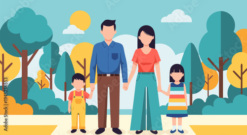 Happy family in a park vector illustration representing outdoor leisure and togetherness in a scenic setting