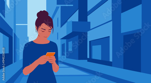 A Woman Using a Smartphone in a City Street - Vector Illustration with Blue Tones