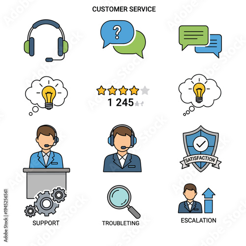 Customer service icons illustrate support team working with clients online