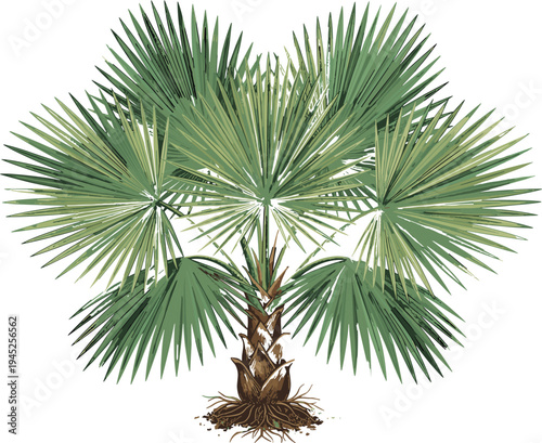 Botanical Illustration of a Saw Palmetto Fan Palm Tree with Green Leaves and Roots Isolated on White Background for Tropical Landscaping and Nature Concepts