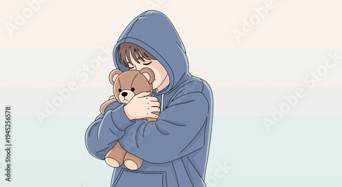 Childhood comfort: A girl in a blue hoodie hugs a teddy bear, symbolizing innocence and security.