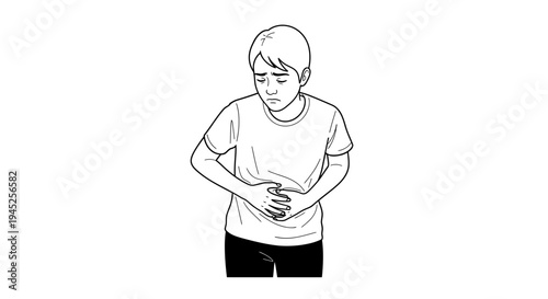 Child holding stomach in pain, feeling sick, stomach ache, discomfort, illness