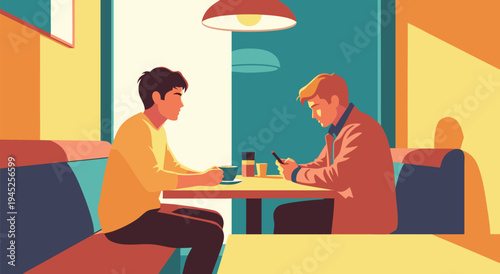 Vector illustration of two men sitting at a table in a cafe, one looking at his phone and the other looking ahead