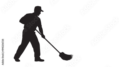 Black silhouette of man sweeping with broom vector