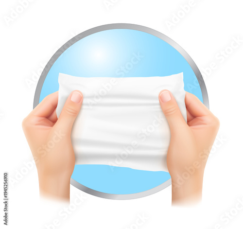 Testing for strength towel in hands mockup. Perfect for materials, kitchen towels, napkins, cloth, wet wipes and other product. Vector illustration on a colour background. EPS10.