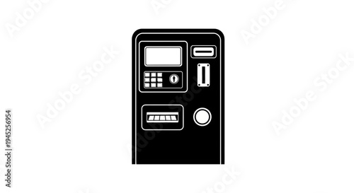 Black and white illustration of a parking meter machine, payment kiosk, ticket dispenser