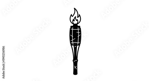 Black and white illustration of a tiki torch with flame, isolated on white background