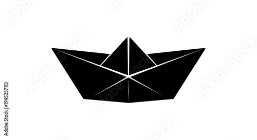 Black Paper Boat Silhouette Icon, Origami Folded Ship, Minimalist Graphic Design