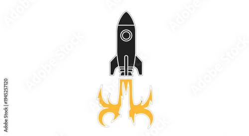 Black rocket blasting off with orange flames and smoke, isolated on white background