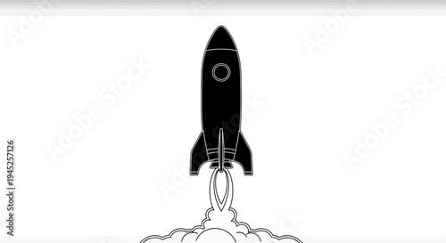 Black rocket launching into space with smoke and fire, symbolizing startup and innovation