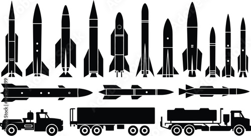 Rocket and missile silhouette collection, black vector silhouettes featuring rockets missiles launch vehicles and transport trucks for military aerospace and tactical graphics.