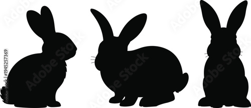 Collection of three rabbit silhouettes in different poses isolated on white background, cute bunny shapes illustration for Easter, wildlife design, logo, stencil, vector style