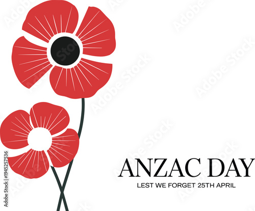 Red poppies with black centers on white background with anzac day text remembrance