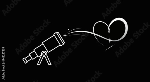 Telescope Discovering a Heart Symbol with Stars on Black Background