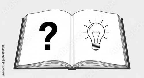 Open book with question mark and lightbulb on pages symbolizing ideas and inspiration