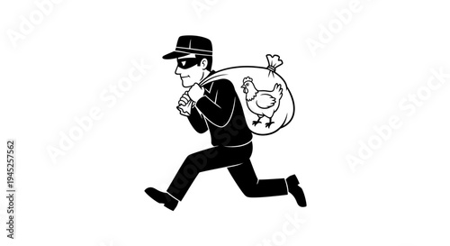 Thief running with sack of stolen chicken, cartoon style