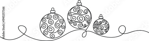 Continuous line drawing, three Christmas baubles, festive holiday ornament decoration, minimalist vector illustration, black white swirl outline, winter design element.