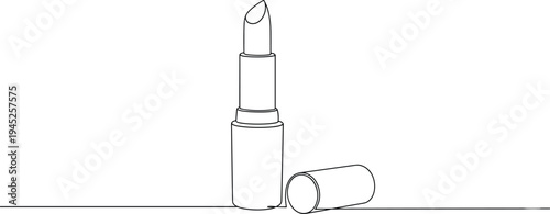Continuous line drawing, lipstick tube, makeup cap, minimalist beauty vector illustration, black white cosmetics, elegant fashion design, isolated art.