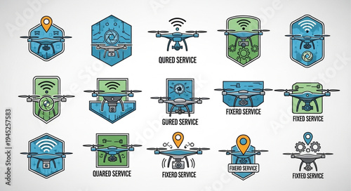 Collection of drone logos and emblems for aerial services.